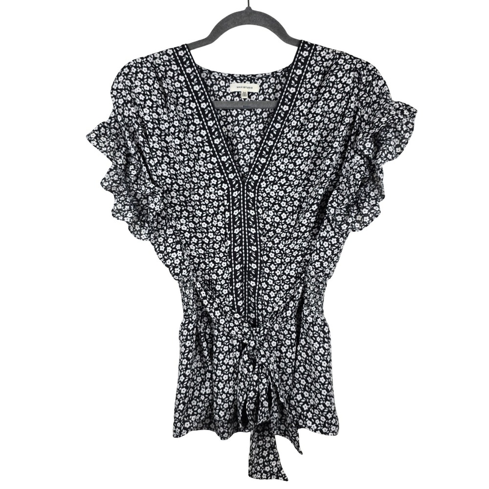Max Studio Blouse Women Medium Black White Floral Ruffle Sleeve Cottagecore